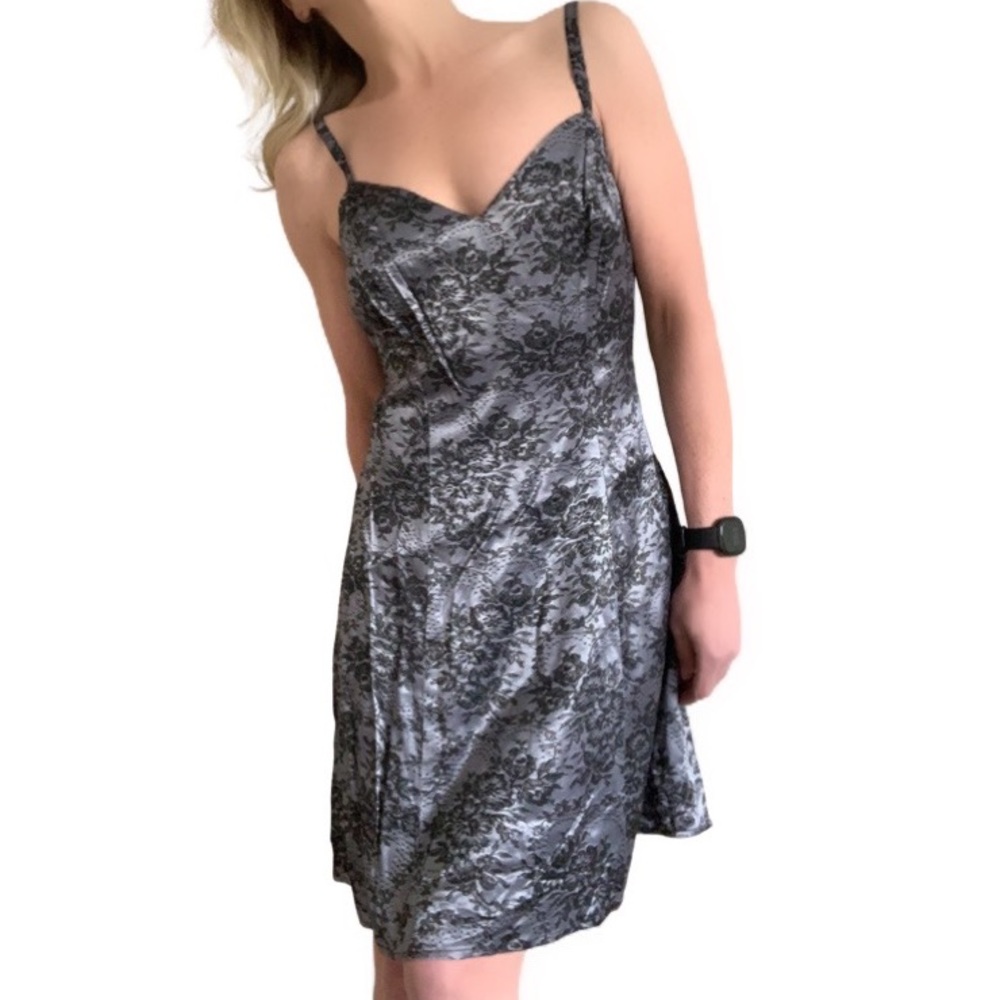 NWOT Vintage Fredericks Of Hollywood Black Gray Lace Slip Mini Satin Dress - Picture 3 of 6
